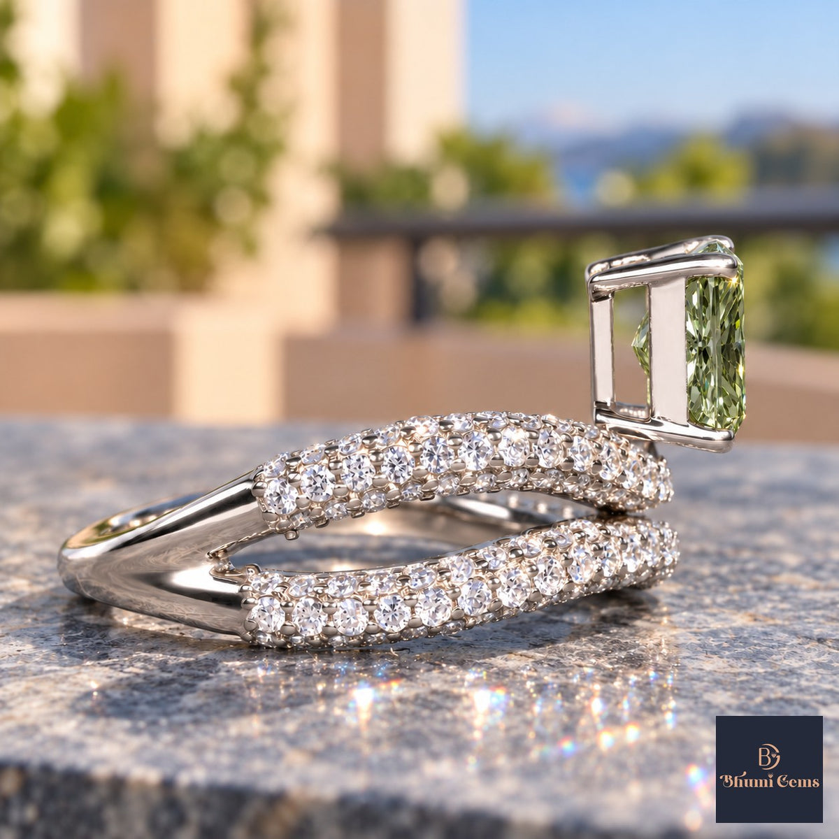 Green Radiant Cut Lab Grown Diamond Engagement Ring - Pave Wrap Bypass in white gold, side view