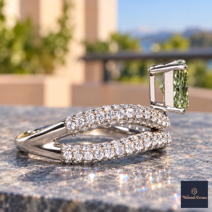 Green Radiant Cut Lab Grown Diamond Engagement Ring - Pave Wrap Bypass in white gold, side view
