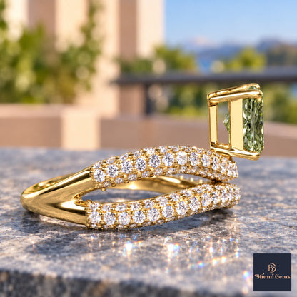 Green Radiant Cut Lab Grown Diamond Engagement Ring - Pave Wrap Bypass in yellow gold, side view