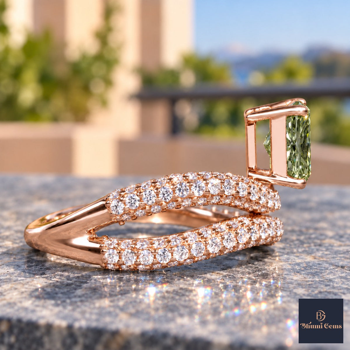 Green Radiant Cut Lab Grown Diamond Engagement Ring - Pave Wrap Bypass in rose gold, side view