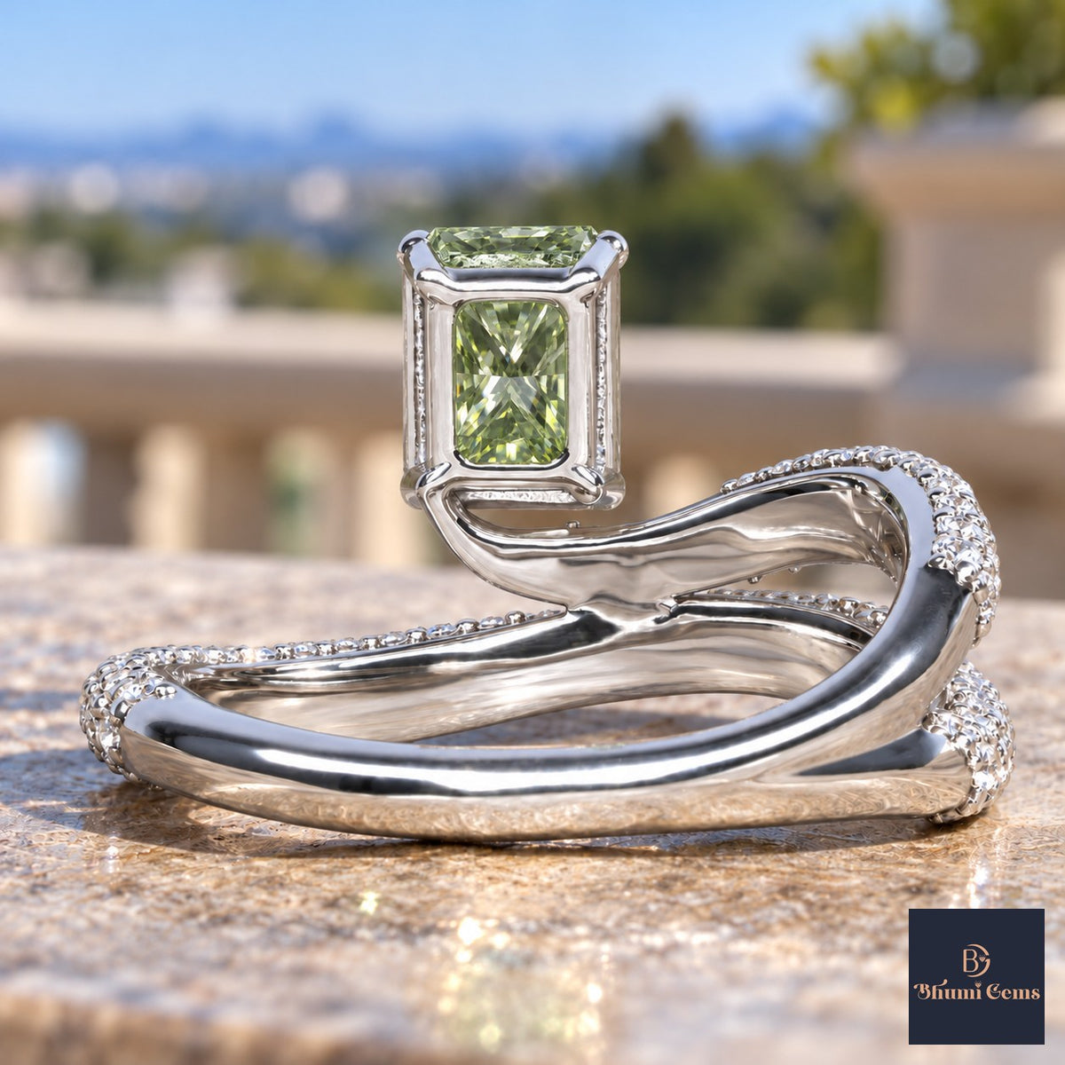 Green Radiant Cut Lab Grown Diamond Engagement Ring - Pave Wrap Bypass in white gold, gallery view
