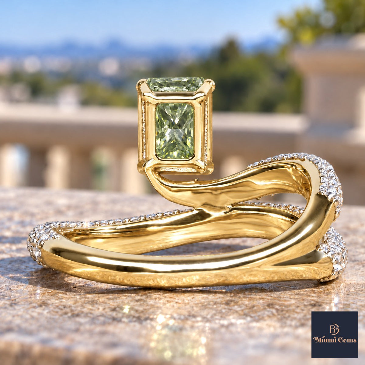 Green Radiant Cut Lab Grown Diamond Engagement Ring - Pave Wrap Bypass in yellow gold, gallery view