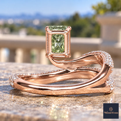 Green Radiant Cut Lab Grown Diamond Engagement Ring - Pave Wrap Bypass in rose gold, gallery view