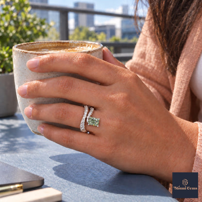 Green Radiant Cut Lab Grown Diamond Engagement Ring - Pave Wrap Bypass in white gold, on the hand