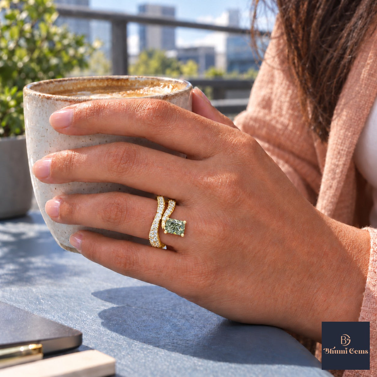 Green Radiant Cut Lab Grown Diamond Engagement Ring - Pave Wrap Bypass in yellow gold, on the hand