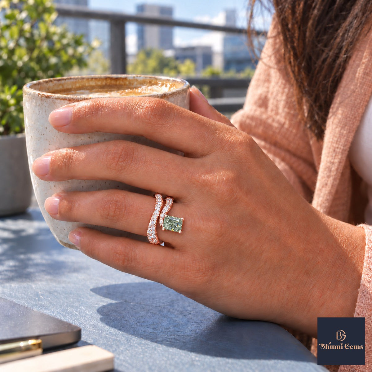 Green Radiant Cut Lab Grown Diamond Engagement Ring - Pave Wrap Bypass in rose gold, on the hand