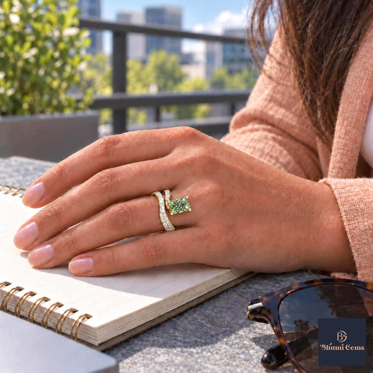 Green Radiant Cut Lab Grown Diamond Engagement Ring - Pave Wrap Bypass in yellow gold, worn on the hand