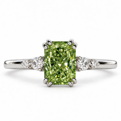 Green Radiant Cut Lab Grown Diamond Engagement Ring - Round Accents in white gold, front view