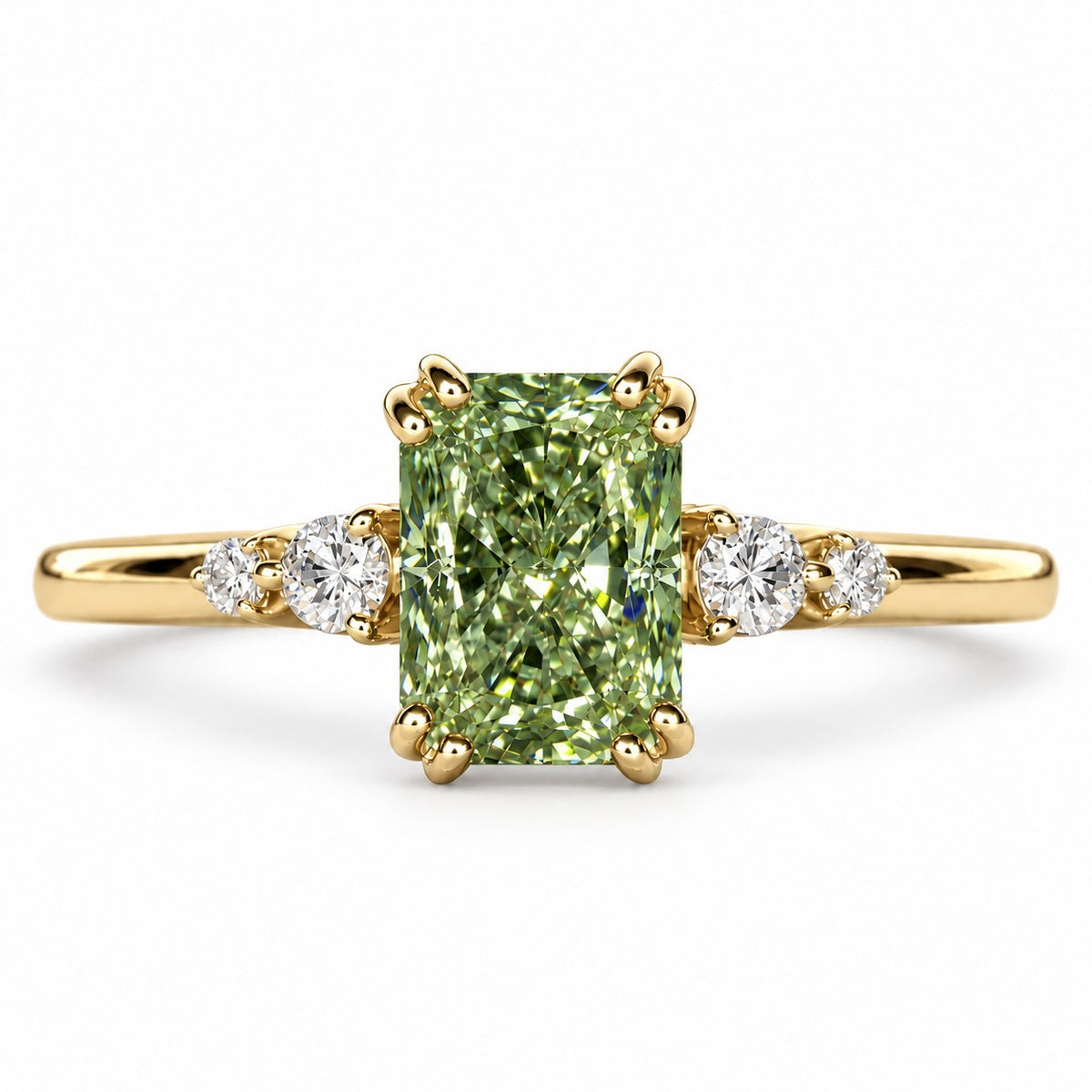 Green Radiant Cut Lab Grown Diamond Engagement Ring - Round Accents in yellow gold, front view