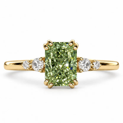 Green Radiant Cut Lab Grown Diamond Engagement Ring - Round Accents in yellow gold, front view