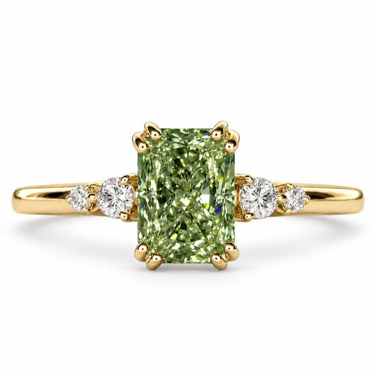 Green Radiant Cut Lab Grown Diamond Engagement Ring - Round Accents in yellow gold, front view