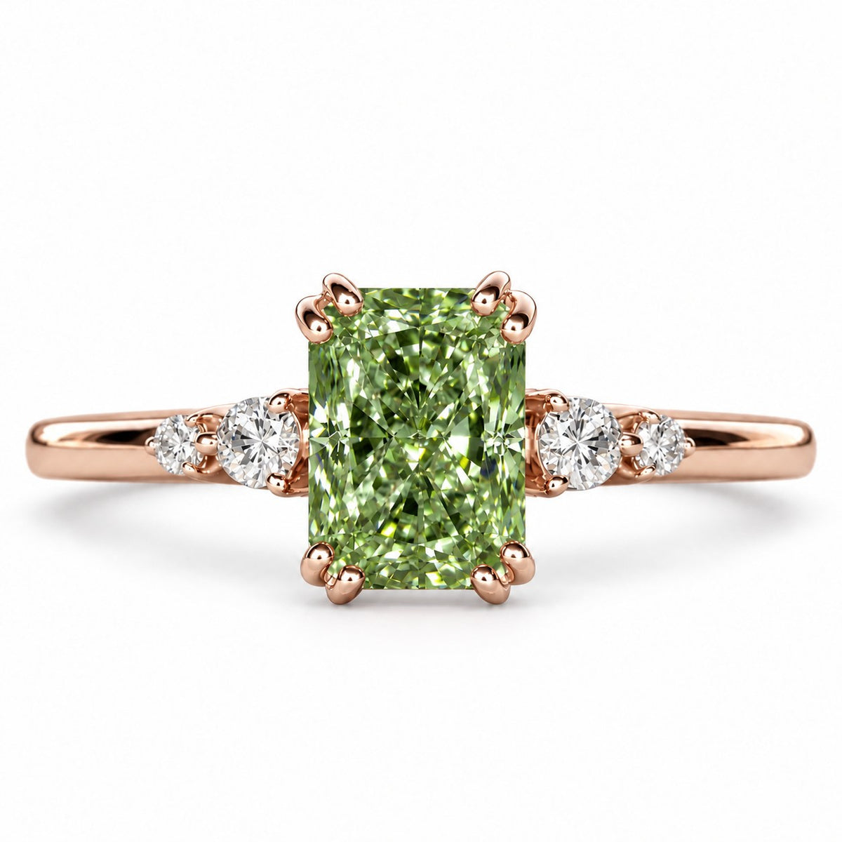 Green Radiant Cut Lab Grown Diamond Engagement Ring - Round Accents in rose gold, front view