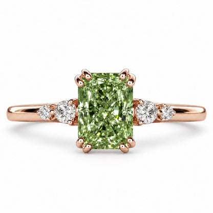 Green Radiant Cut Lab Grown Diamond Engagement Ring - Round Accents in rose gold, front view