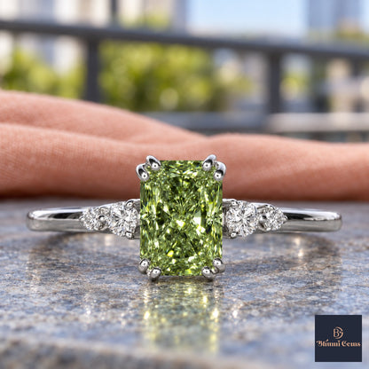 Green Radiant Cut Lab Grown Diamond Engagement Ring - Round Accents in white gold, close-up