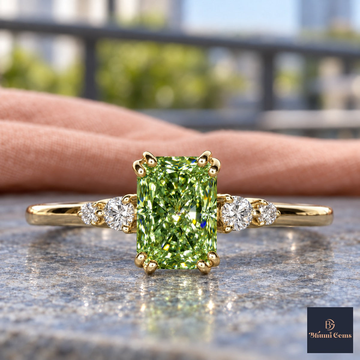 Green Radiant Cut Lab Grown Diamond Engagement Ring - Round Accents in yellow gold, close-up