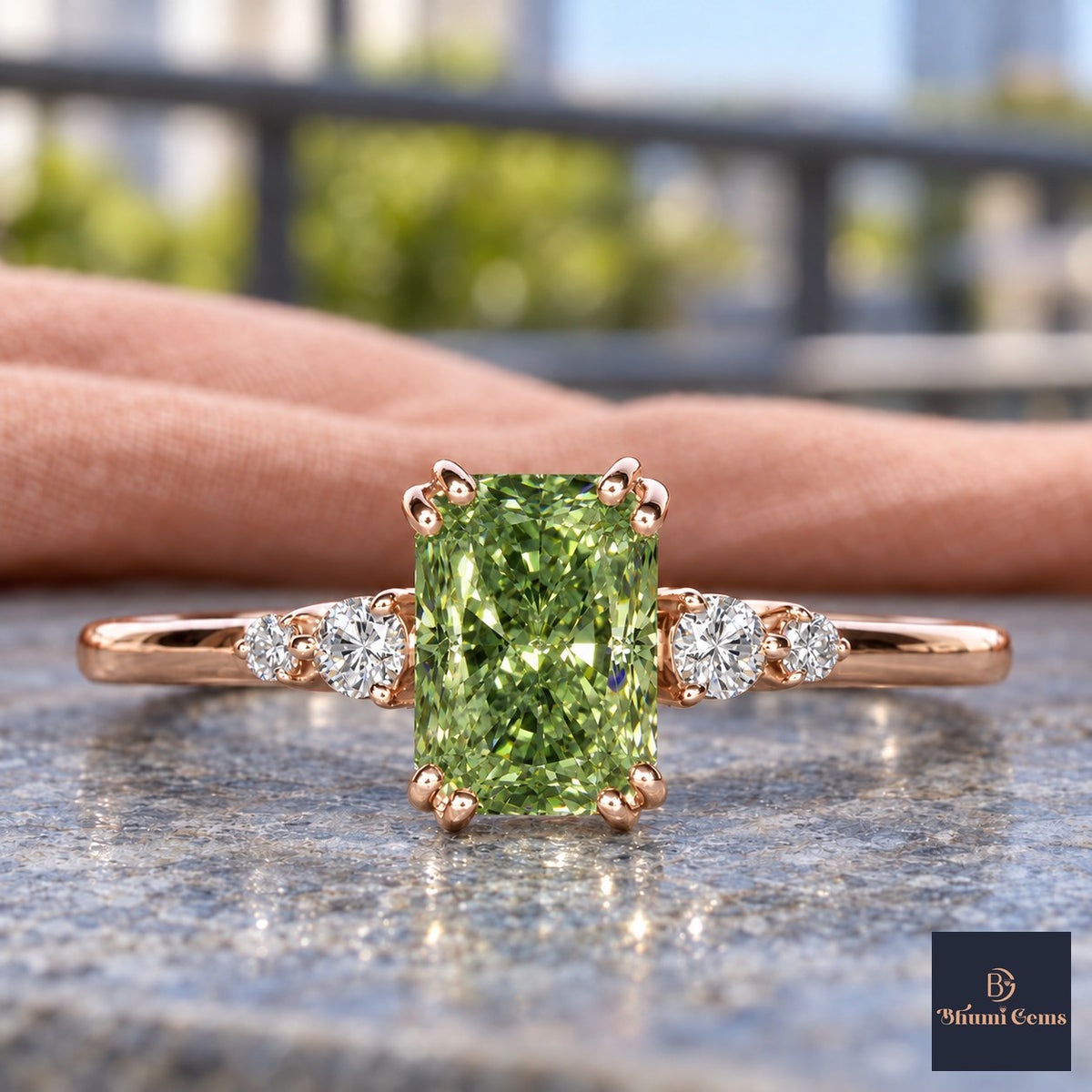 Green Radiant Cut Lab Grown Diamond Engagement Ring - Round Accents in rose gold, close-up