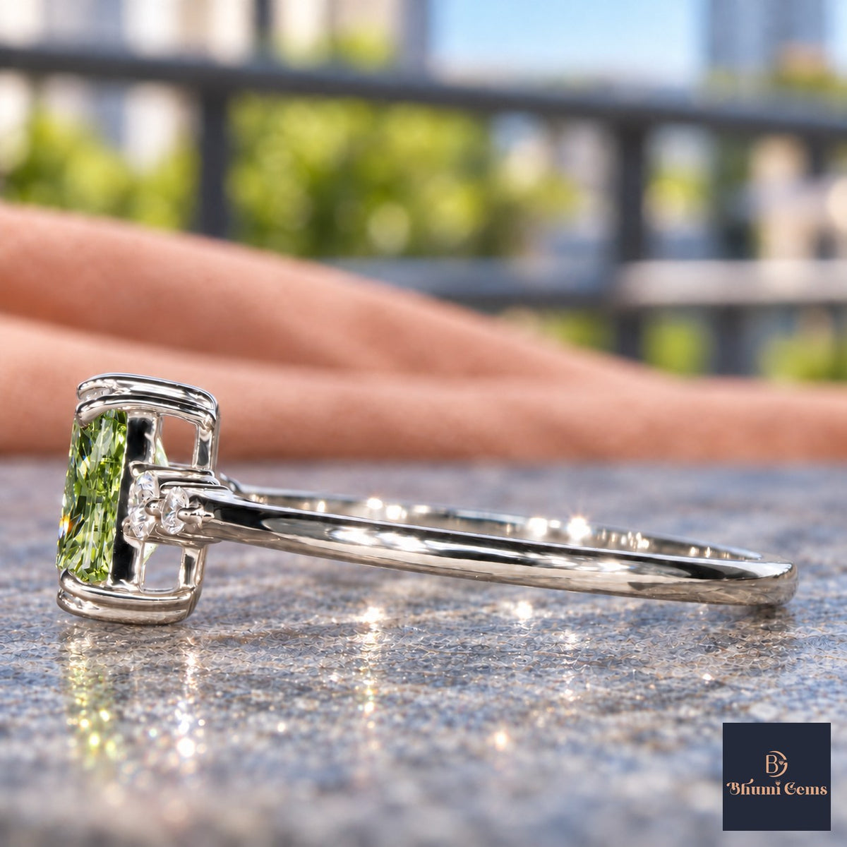 Green Radiant Cut Lab Grown Diamond Engagement Ring - Round Accents in white gold, side view