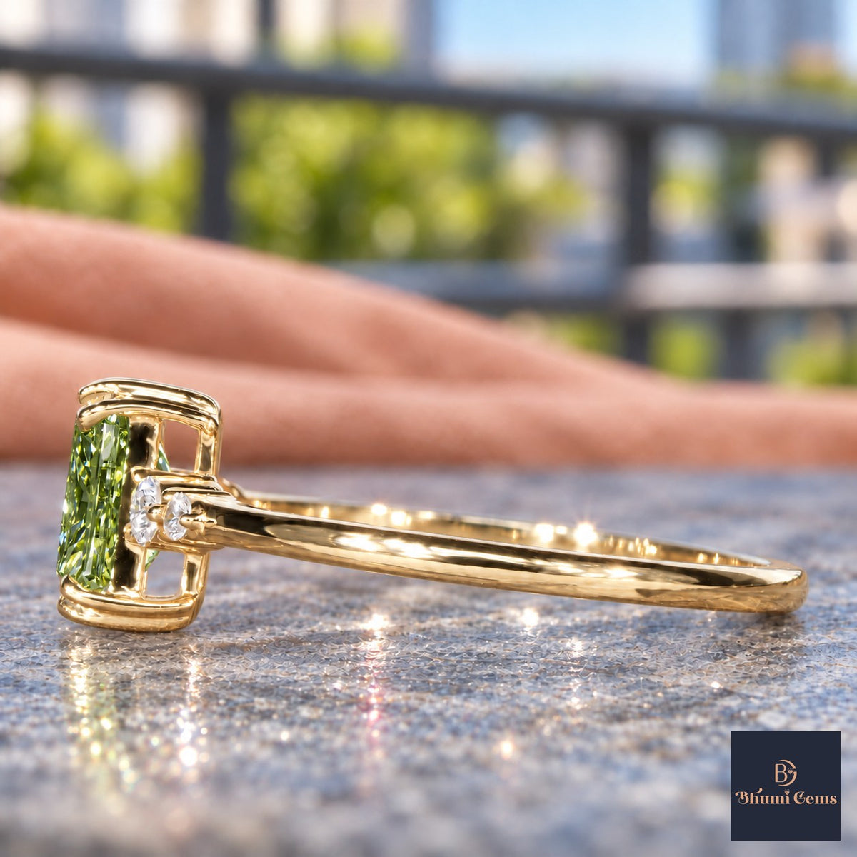 Green Radiant Cut Lab Grown Diamond Engagement Ring - Round Accents in yellow gold, side view