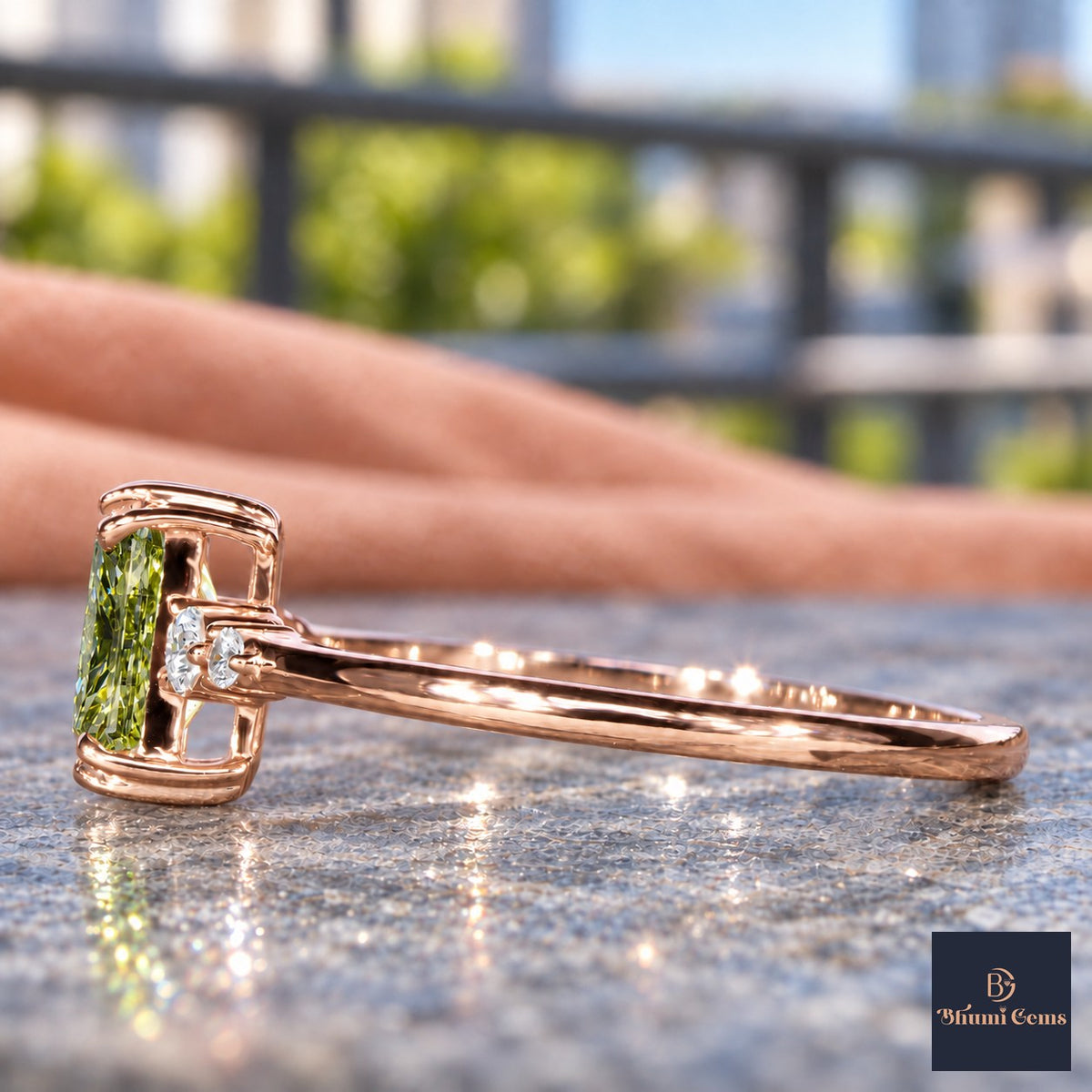 Green Radiant Cut Lab Grown Diamond Engagement Ring - Round Accents in rose gold, side view
