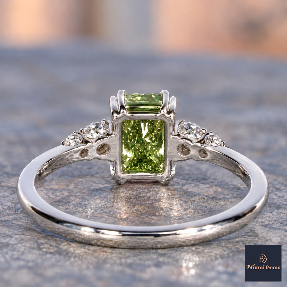 Green Radiant Cut Lab Grown Diamond Engagement Ring - Round Accents in white gold, gallery view