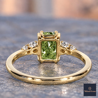 Green Radiant Cut Lab Grown Diamond Engagement Ring - Round Accents in yellow gold, gallery view