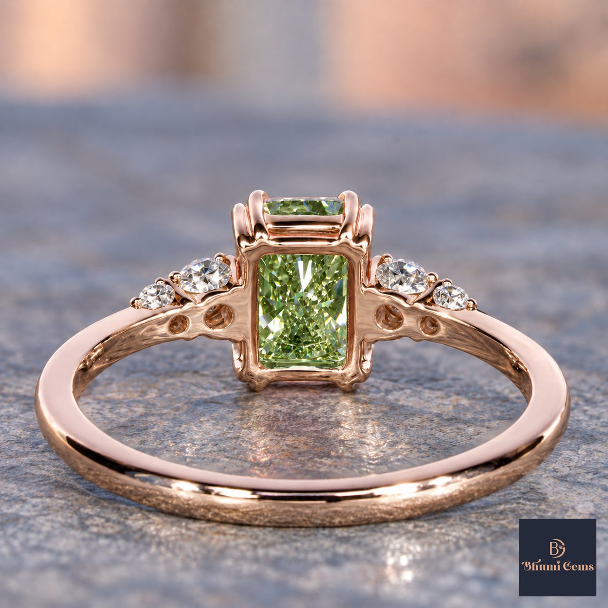 Green Radiant Cut Lab Grown Diamond Engagement Ring - Round Accents in rose gold, gallery view