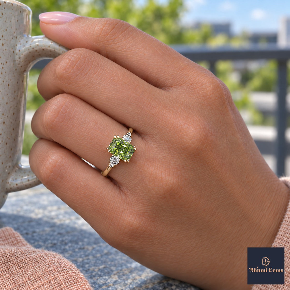 Green Radiant Cut Lab Grown Diamond Engagement Ring - Round Accents in yellow gold, on the hand