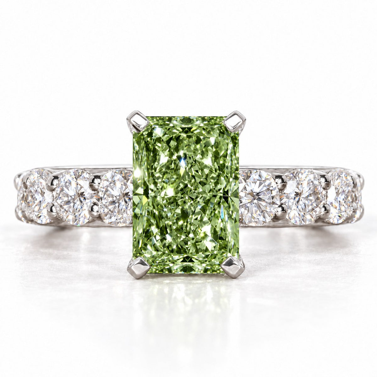 Green Radiant Cut Lab Grown Diamond Engagement Ring - Shared Prong Band in white gold, front view