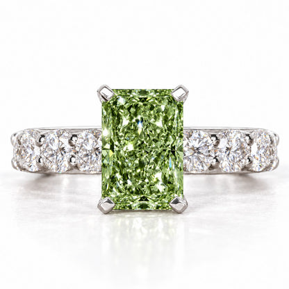 Green Radiant Cut Lab Grown Diamond Engagement Ring - Shared Prong Band in white gold, front view