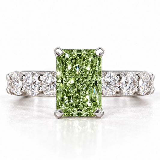 Green Radiant Cut Lab Grown Diamond Engagement Ring - Shared Prong Band in white gold, front view