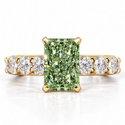 Green Radiant Cut Lab Grown Diamond Engagement Ring - Shared Prong Band in yellow gold, front view