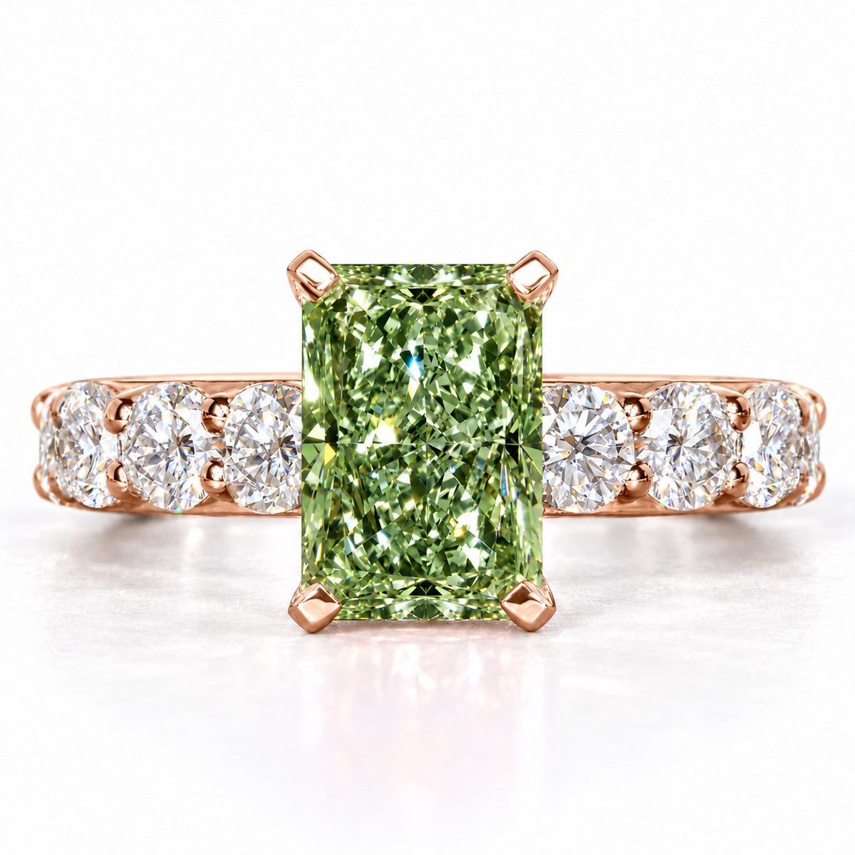 Green Radiant Cut Lab Grown Diamond Engagement Ring - Shared Prong Band in rose gold, front view