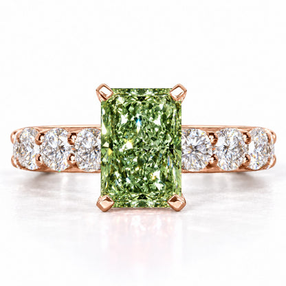 Green Radiant Cut Lab Grown Diamond Engagement Ring - Shared Prong Band in rose gold, front view