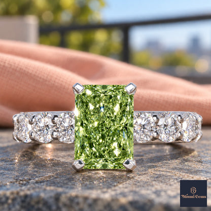 Green Radiant Cut Lab Grown Diamond Engagement Ring - Shared Prong Band in white gold, close-up