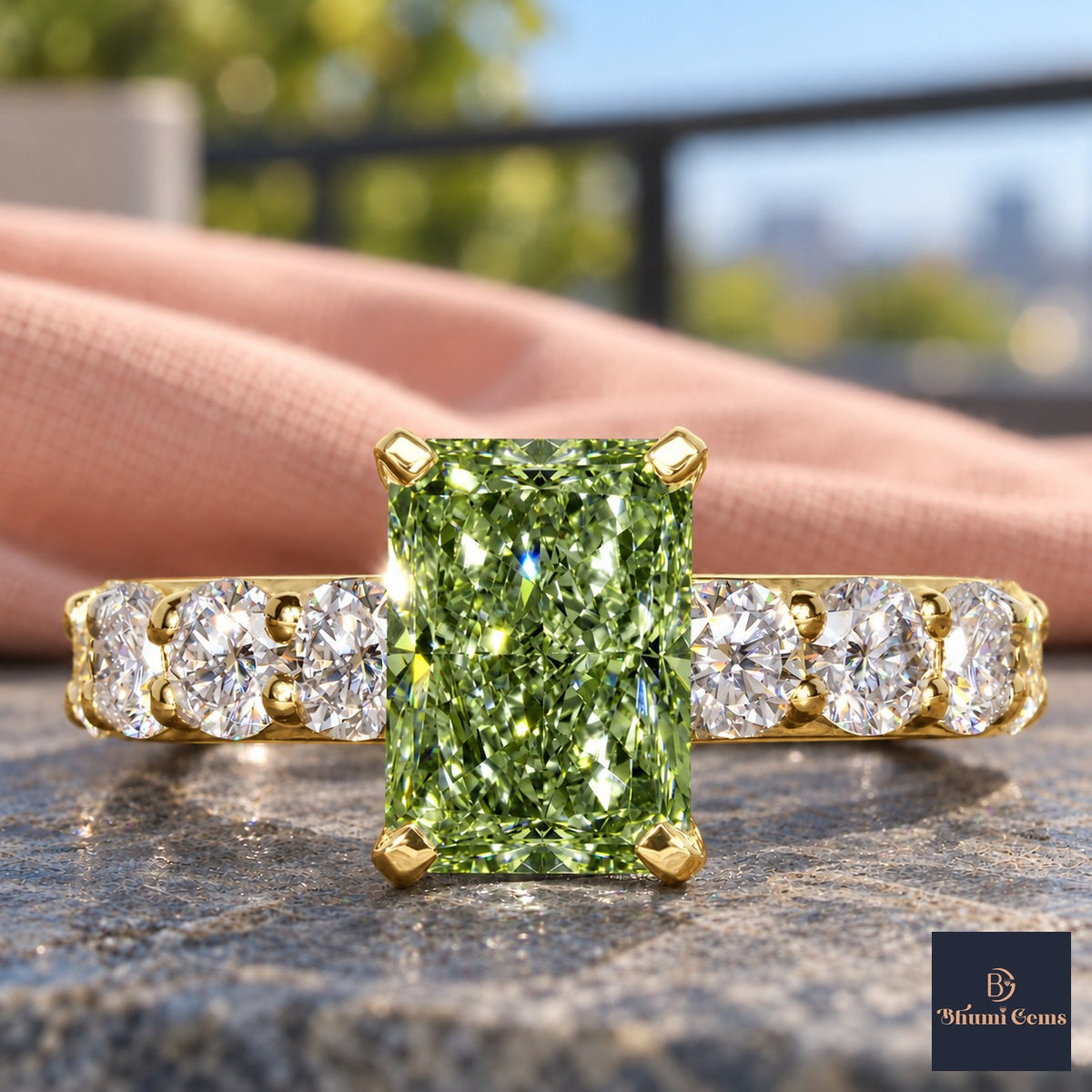 Green Radiant Cut Lab Grown Diamond Engagement Ring - Shared Prong Band in yellow gold, close-up