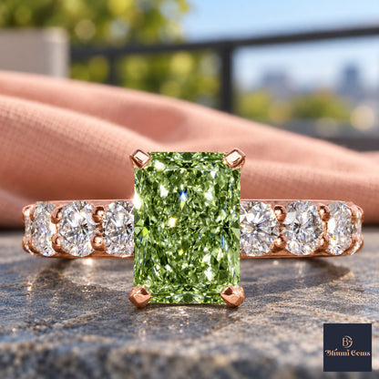 Green Radiant Cut Lab Grown Diamond Engagement Ring - Shared Prong Band in rose gold, close-up