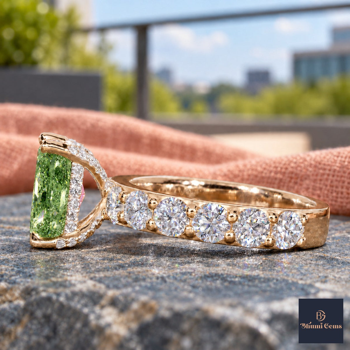Green Radiant Cut Lab Grown Diamond Engagement Ring - Shared Prong Band in yellow gold, side view
