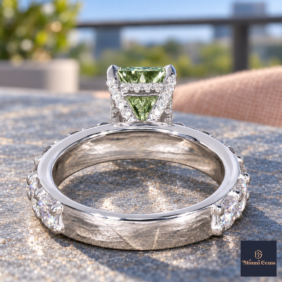 Green Radiant Cut Lab Grown Diamond Engagement Ring - Shared Prong Band in white gold, gallery view