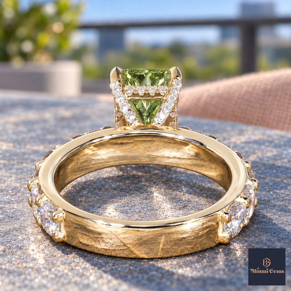 Green Radiant Cut Lab Grown Diamond Engagement Ring - Shared Prong Band in yellow gold, gallery view