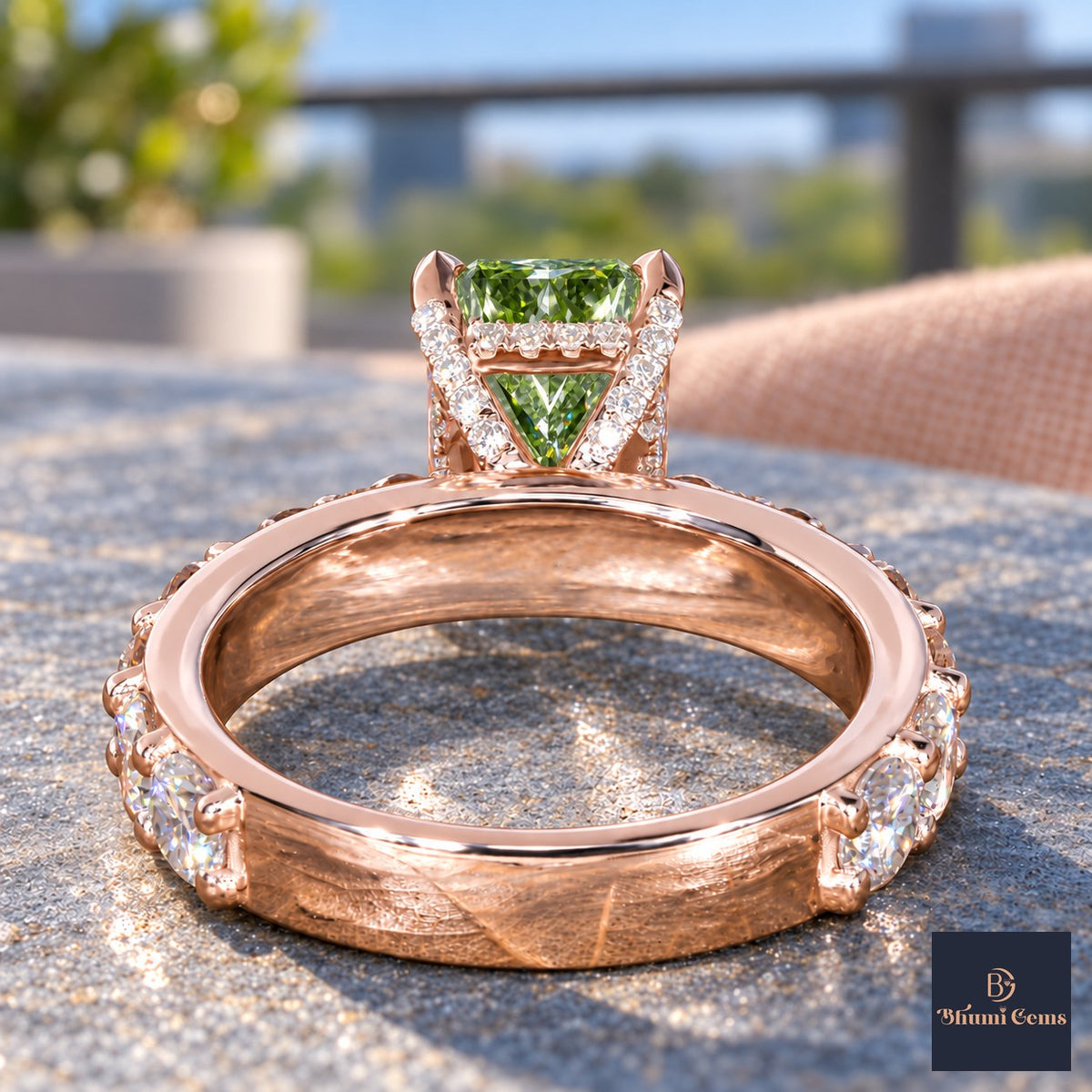 Green Radiant Cut Lab Grown Diamond Engagement Ring - Shared Prong Band in rose gold, gallery view