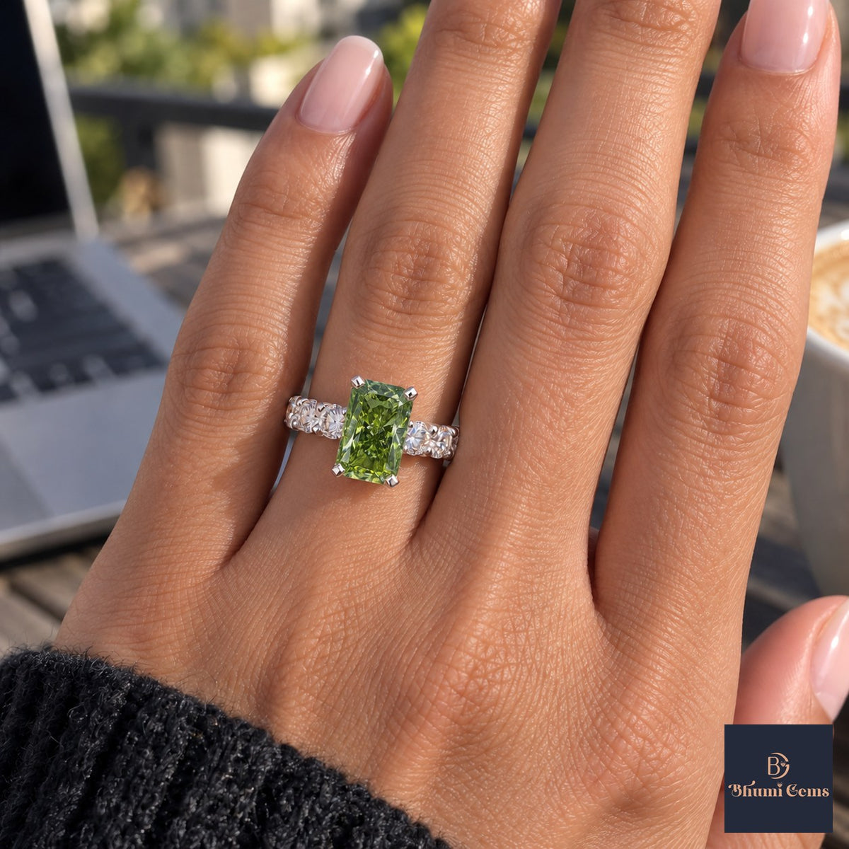 Green Radiant Cut Lab Grown Diamond Engagement Ring - Shared Prong Band in white gold, on the hand