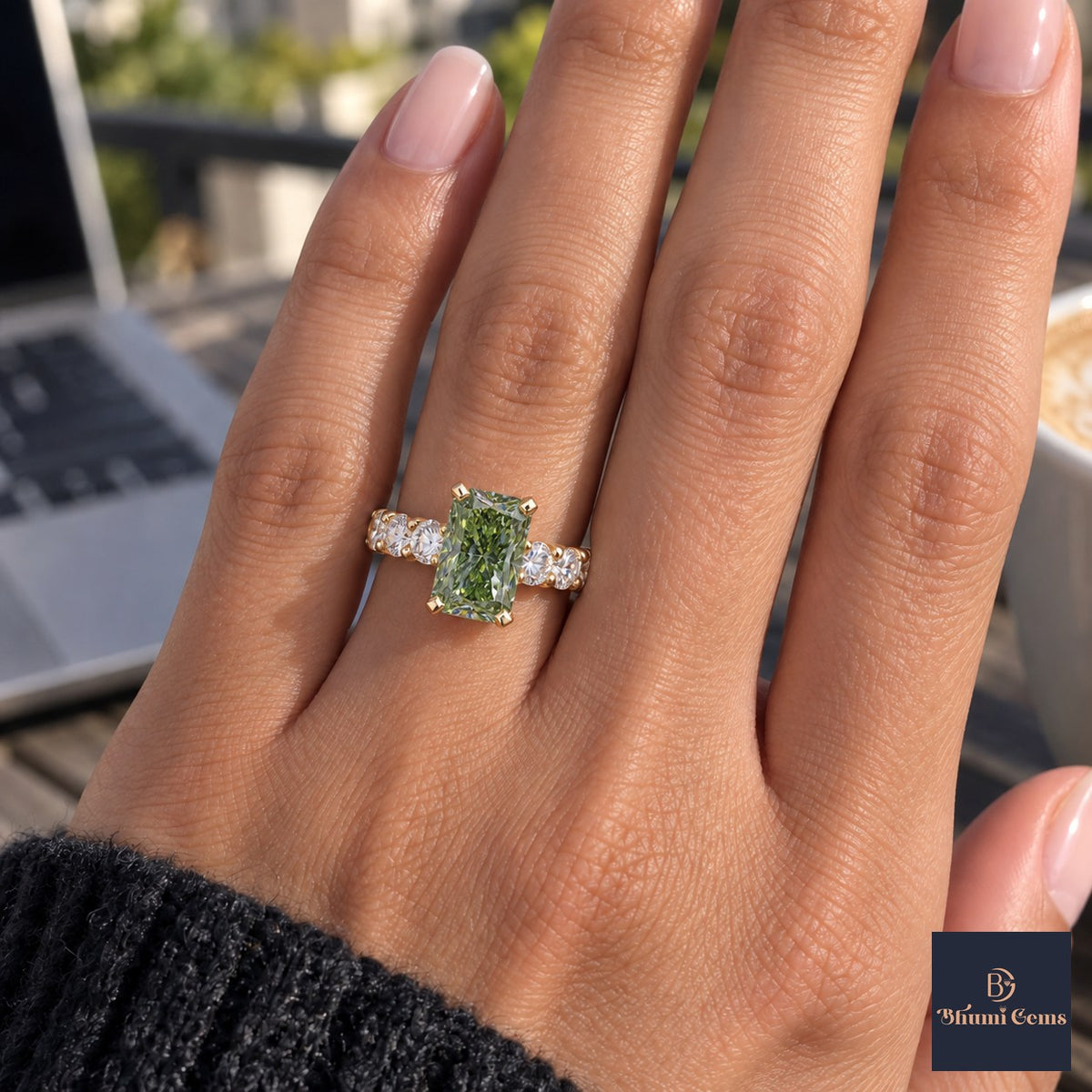 Green Radiant Cut Lab Grown Diamond Engagement Ring - Shared Prong Band in yellow gold, on the hand