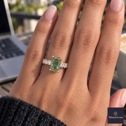 Green Radiant Cut Lab Grown Diamond Engagement Ring - Shared Prong Band in yellow gold, on the hand