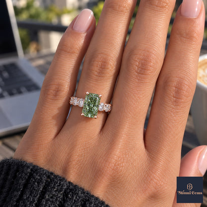 Green Radiant Cut Lab Grown Diamond Engagement Ring - Shared Prong Band in rose gold, on the hand
