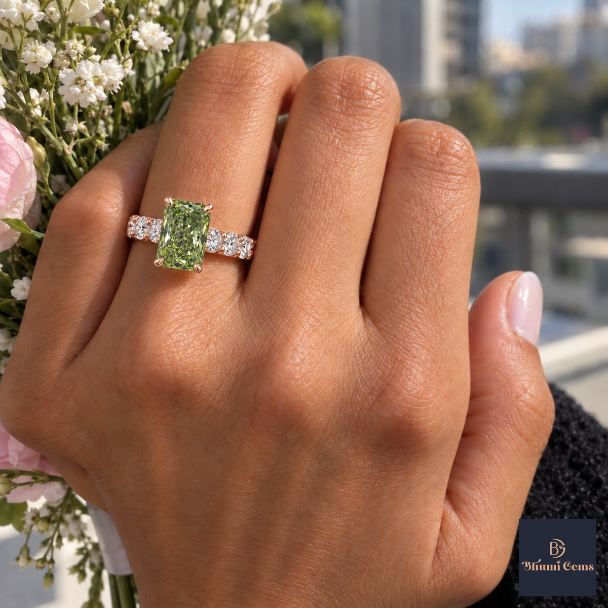 Green Radiant Cut Lab Grown Diamond Engagement Ring - Shared Prong Band in rose gold, worn on the hand