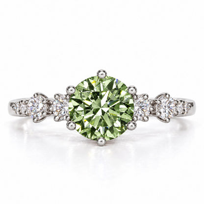 Green Round Cut Lab Grown Diamond Engagement Ring - Cluster Shoulders in white gold, front view