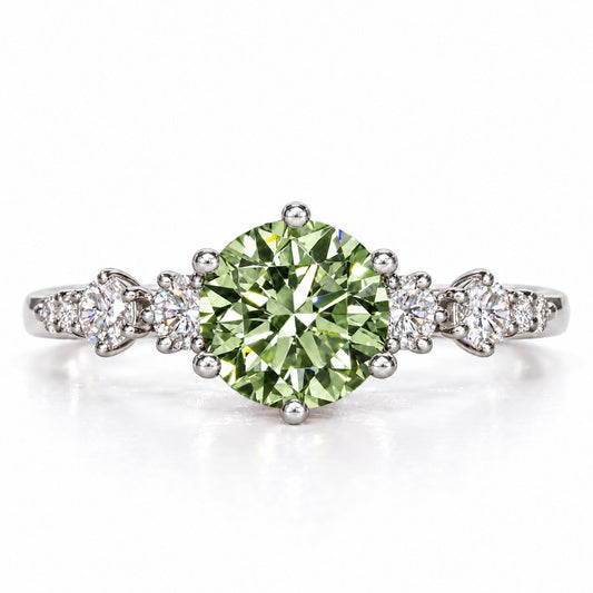 Green Round Cut Lab Grown Diamond Engagement Ring - Cluster Shoulders in white gold, front view