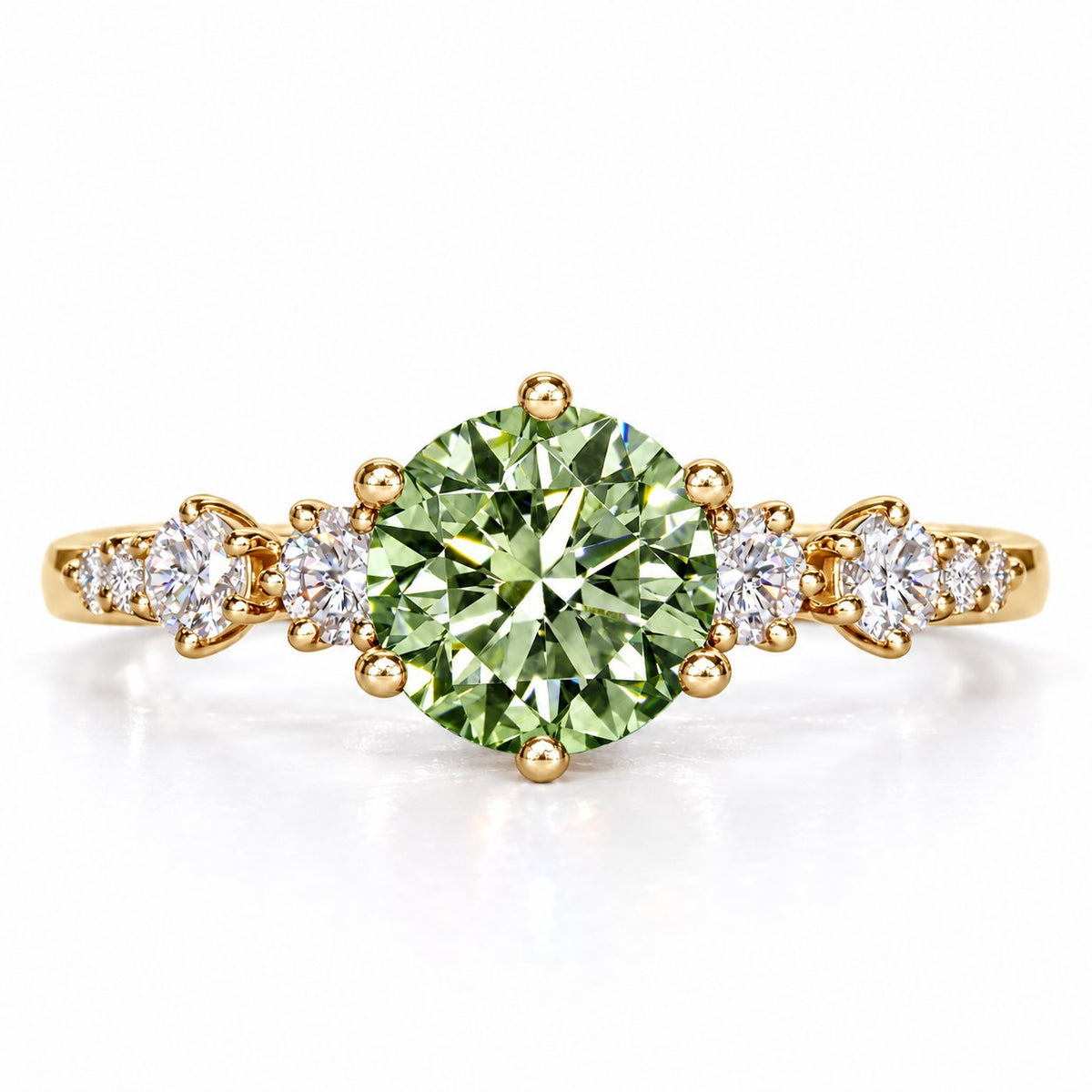 Green Round Cut Lab Grown Diamond Engagement Ring - Cluster Shoulders in yellow gold, front view