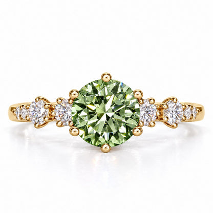 Green Round Cut Lab Grown Diamond Engagement Ring - Cluster Shoulders in yellow gold, front view