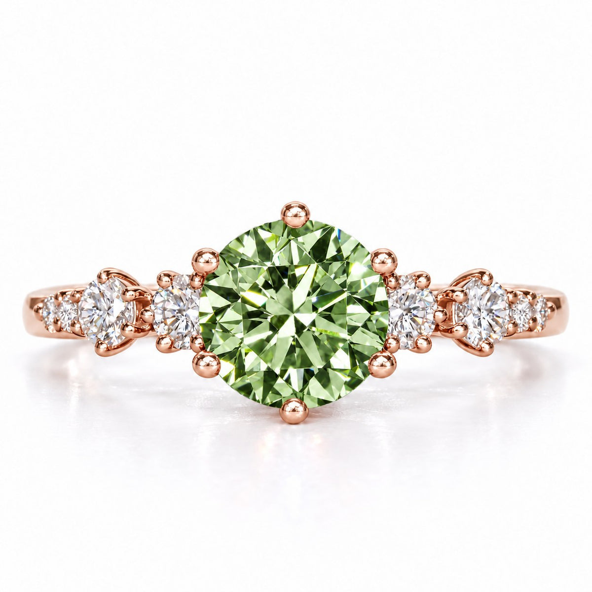 Green Round Cut Lab Grown Diamond Engagement Ring - Cluster Shoulders in rose gold, front view